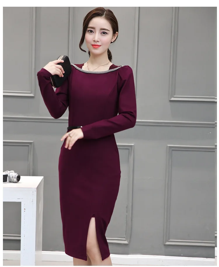 Mid-Length Slim Was Thin Split Vestidos New Stylish Long Sleeves Work Offical Dresses Elegant Women's Clothing Dress FD353