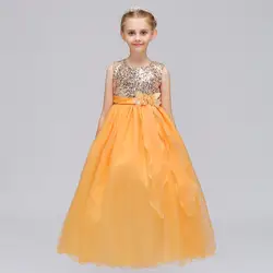 Бесплатная доставка без рукавов блестками Длинные Цветочные платья для девочек пышные платья для девочек вечернее платье 2019