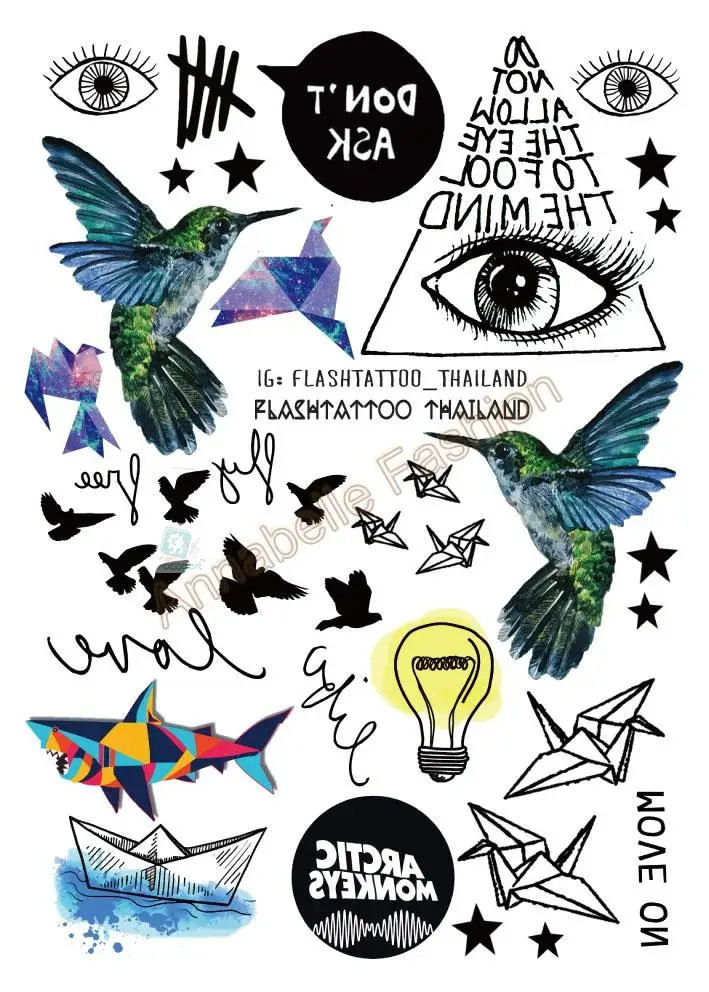 A6080-209 Big Black tatuagem Taty Body Art Temporary Tattoo Stickers Gradient Colorful Birds Eye Shark Glitter Tatoo Sticker