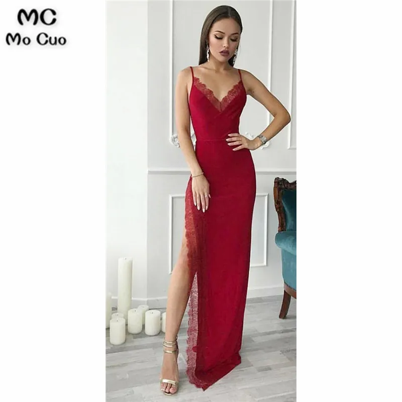 2019 Red Prom Dresses Spaghetti Straps Mermaid Side Slit Long Evening Cheap