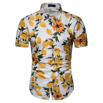 

2019 summer men's short-sleeved shirt cotton polyester blend turn-down collar printed shirts youth vitality popular blouse shirt
