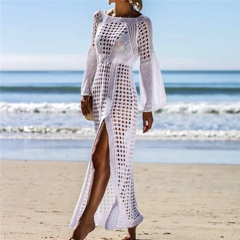 Сексуальное прозрачное женское пляжное вязаное бикини-накидка, кружевная пляжная одежда, белое пляжное платье, парео, Пляжное пальто