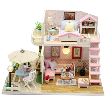 

Toys for Children Miniature Diy Puzzle Toy Doll House Model Wooden Furniture Toys Birthday Christmas Gifts Pink Loft Villa