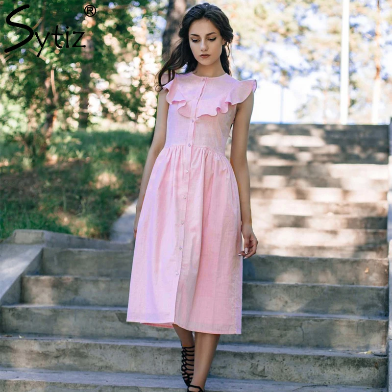 Sytiz Pink Sweet Ruffles Dress Women 2018 Spring Summer Casual Sleeveless Button Vestidos Mid-Calf Sexy A-Line Dresses | Женская одежда