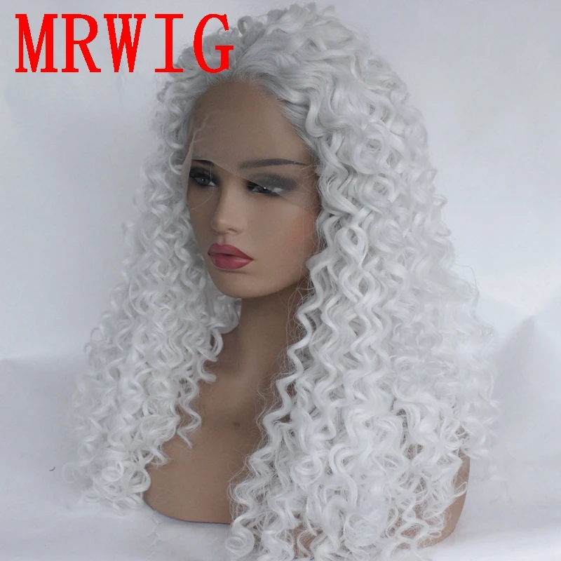 MRWIG white hair color synthetic kinky curly lace front wig middle part 26in 180%density cosplay hair wig