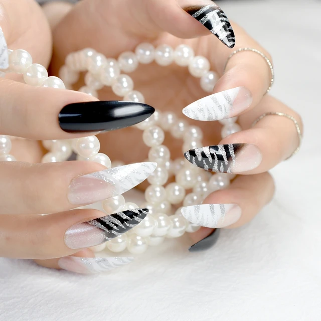 Classic Black White Zebra Design Fake Nails Extra Long Sharp Full Classic Black White Zebra Design Fake Nails Extra Long Sharp Full