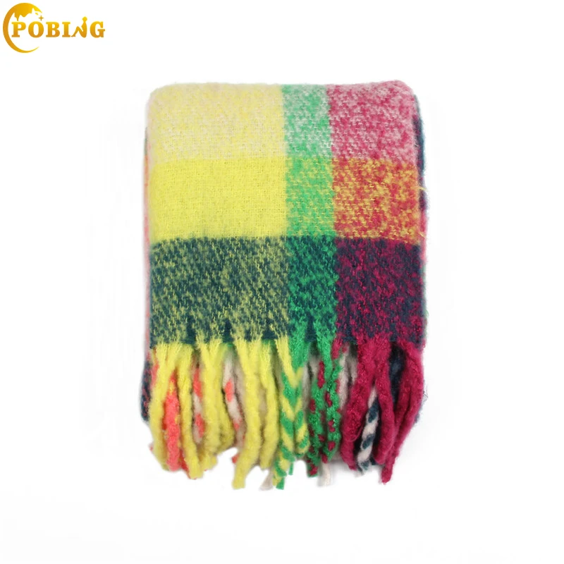 

POBING 2018 New Winter Scarf Women Striped Plaid Scarves Wraps Soft Warm Cashmere Tassel Shawl Big Pashmina Lady Blanket Stoles