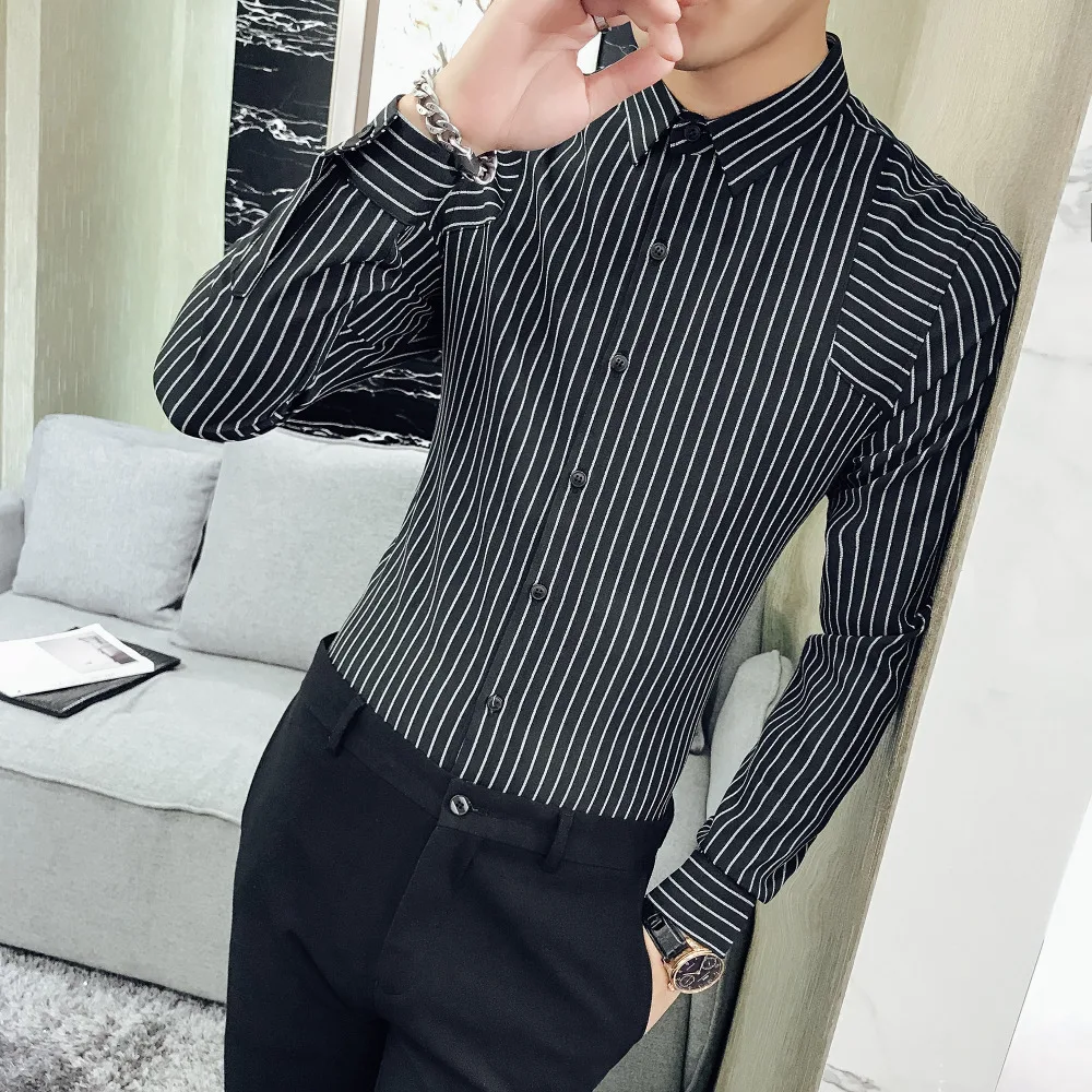 Весенние полосатые рубашки моды для мужчин 2018 Новые Slim Fit с длинным рукавом мужские повседневные рубашки Горячая продажа Ночной клуб