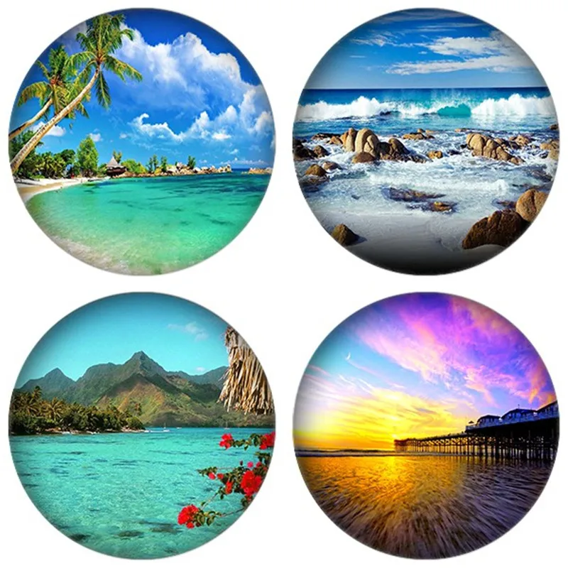 

ZDYING 12/16/18/20/25mm 5pcs/lot Round Glass Cabochon Sea Beach Tree Images Glass Dome Fit Cameo Base Setting Jewelry Findings