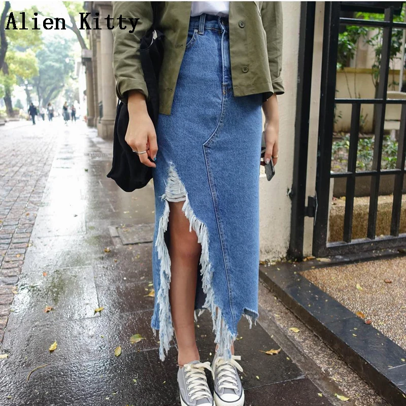 

Alien Kitty Women Split Front Hole Denim Skirt 2019 New Fashion Summer Long Pencil Skirt Women Blue Slit High Waist Casual Skirt