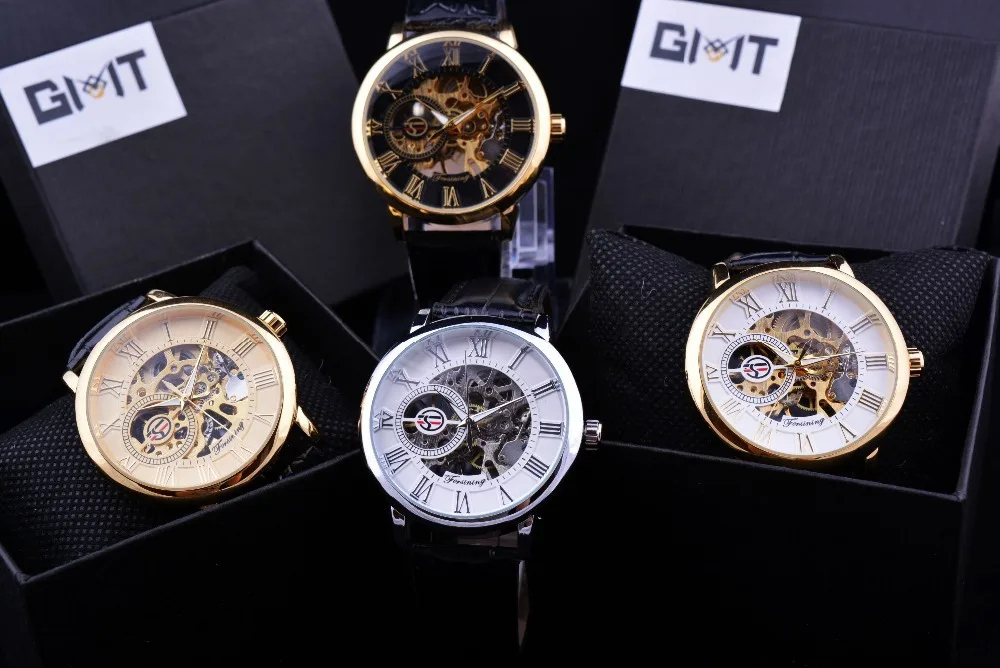 forsining 3d logo design hollow engraving black gold case leather skeleton mechanical watches men luxury brand heren horloge