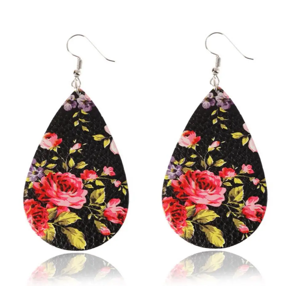 

3.5*5.5cm Pretty Floral Printed Water Drop Shaped Fashion Leather Drop Earrings for Women