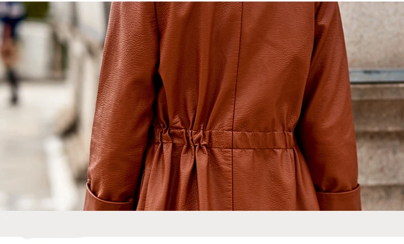 Orwindny Демисезонный женский длинный Тренч с поясом, Тонкая Повседневная кожаная одежда, коричневое женское кожаное пальто, верхняя одежда из искусственной кожи