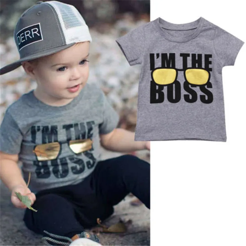 Летняя детская футболка для маленьких мальчиков; детская повседневная футболка с короткими рукавами; хлопковые серые топы с принтом «Босс»; футболки; сезон лето