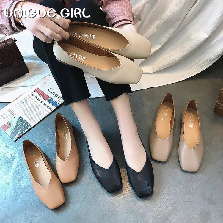 

UNIGUE GIRL 2019 New Women's Mouth Flat Shoes Fashion Women Mid-Heeled with Shallow Mouth Square Head Work Shoes Peas Shoes