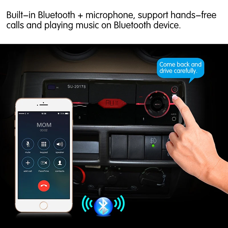 Автозапчасти 1DIN Bluetooth автомобильный стерео аудио плеер с держателем телефона в тире FM Радио MP3 плеер USB/SD карта с пультом дистанционного управления