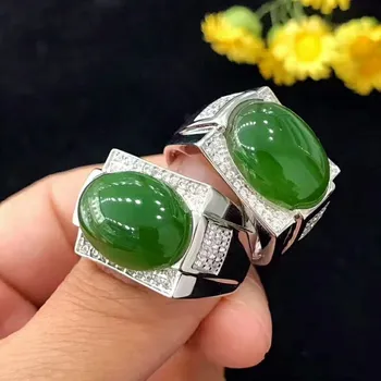 

S925 silver-encrusted and Tian Yu jade square ring men's ring jade ring