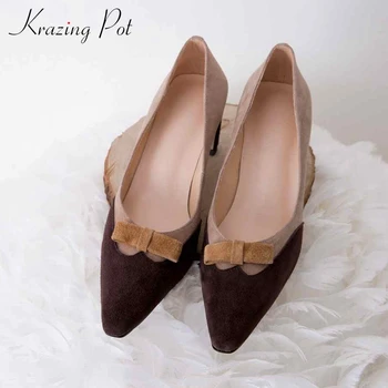 

2019 New sheep suede bowtie decoration fashion med heels women brand mixed color pointed toe runway model show holiday pumps L03