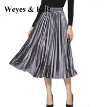 Weyes и кепф металлический блеск черные длинные Юбки для женщин плиссированные юбки женщины Femme бархат однотонный комплект с эластичной резинкой на талии юбка длинные черный