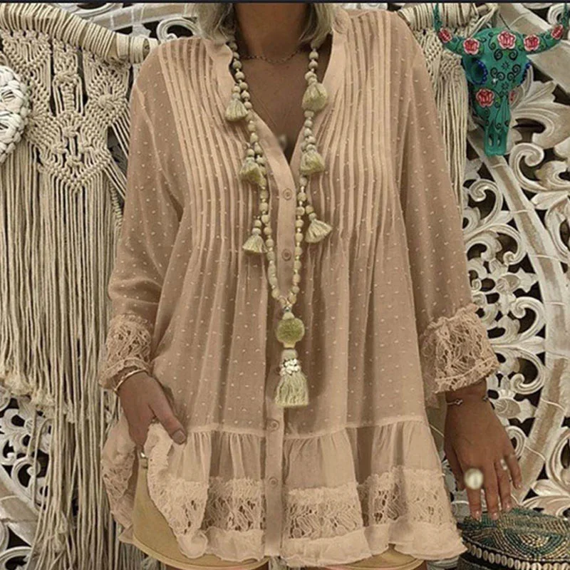 

Women Loose V Neck Blouse Casual Slim Solid Shirts Button Chiffon Lace Tops