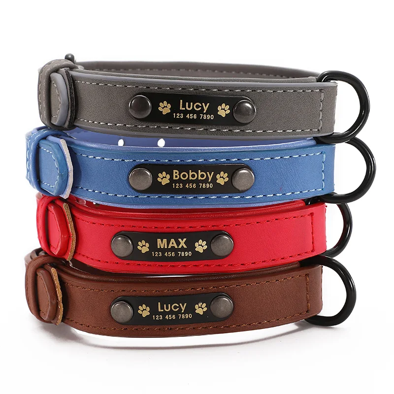 

Dog Collars Personalized Custom Leather Dog Collar Name ID Tags For Small Medium Dogs Pitbull Bulldog Beagle Correa Perro