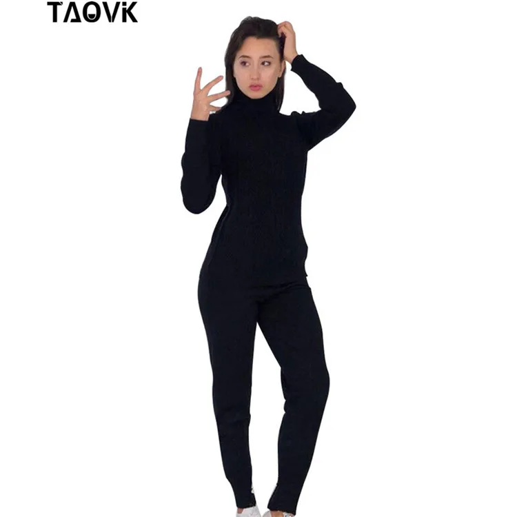 TAOVK женские трикотажные костюмы с высоким воротником комплект из двух предметов топ и брюки женский гимнастический вязаный костюм женский комплект из двух предметов