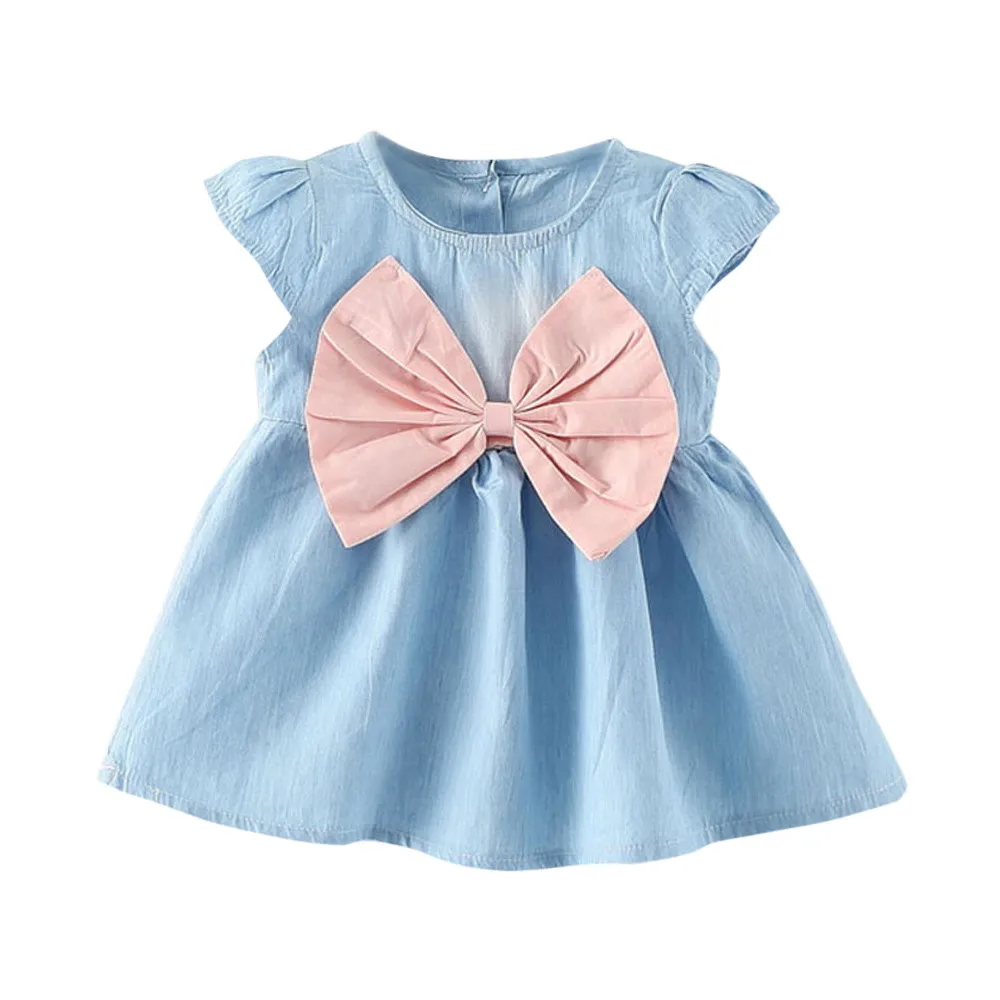 

2018 Toddler Baby Girls dress lovely Bowknot Child Dress Solid Denim Clothes Dress Vestido Infantil