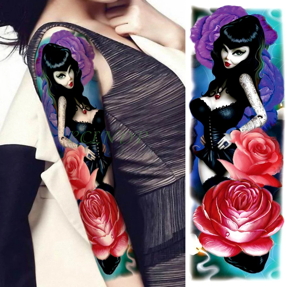 Водонепроницаемая временная татуировка наклейка классная девушка цветок розы полная рука назад временная татуировка флэш-тату рукав