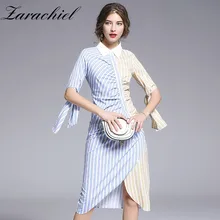 Модное дизайнерское подиумное Полосатое платье-рубашка, осень, женское винтажное неравномерное платье средней длины с коротким рукавом и бантом