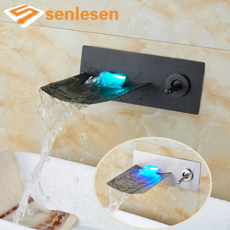 

Oil Rubbed Bronze / Brushed Nickel Basin Faucet Single Handle Two Holes Wall Mounted with LED