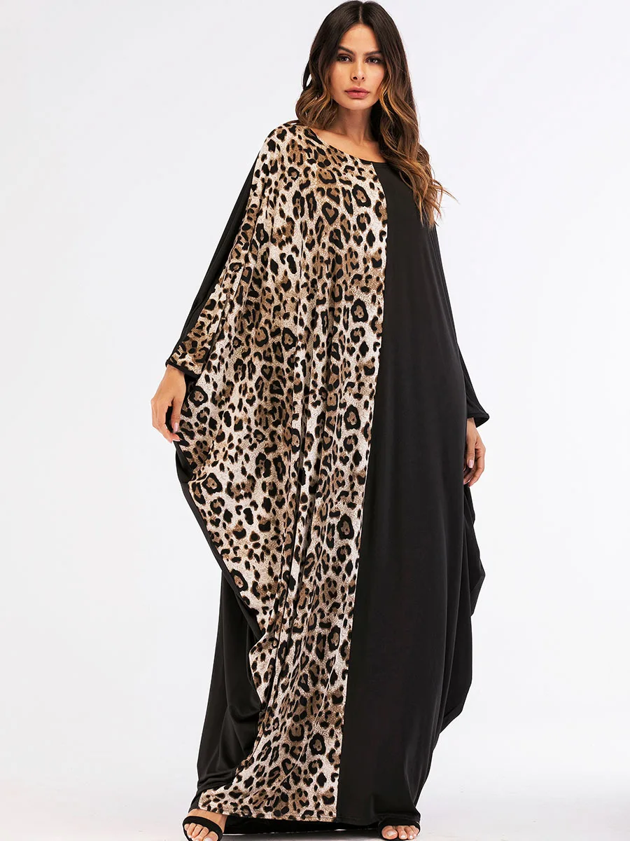 Lugentolo Women Maxi Dress Summer Fashion Large Size Leopard Stitching Bat Sleeve Loose Muslim Round Neck Long Dresses