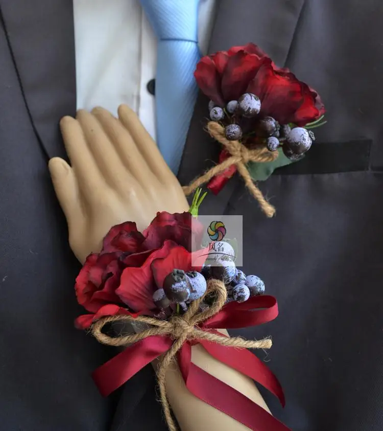 Handmade Wedding Corsages Groom Boutonniere Bride Bridesmaid Hand Wrist Flower Artificial Flowers Prom Corsage Wine Red