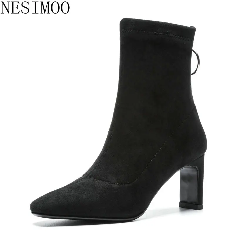 

NESIMOO 2019 Fashion Women Ankle Boots Pointed Toe Flock Square High Heel Simple And Fashion Concise Ladies Shoes Size 34-40