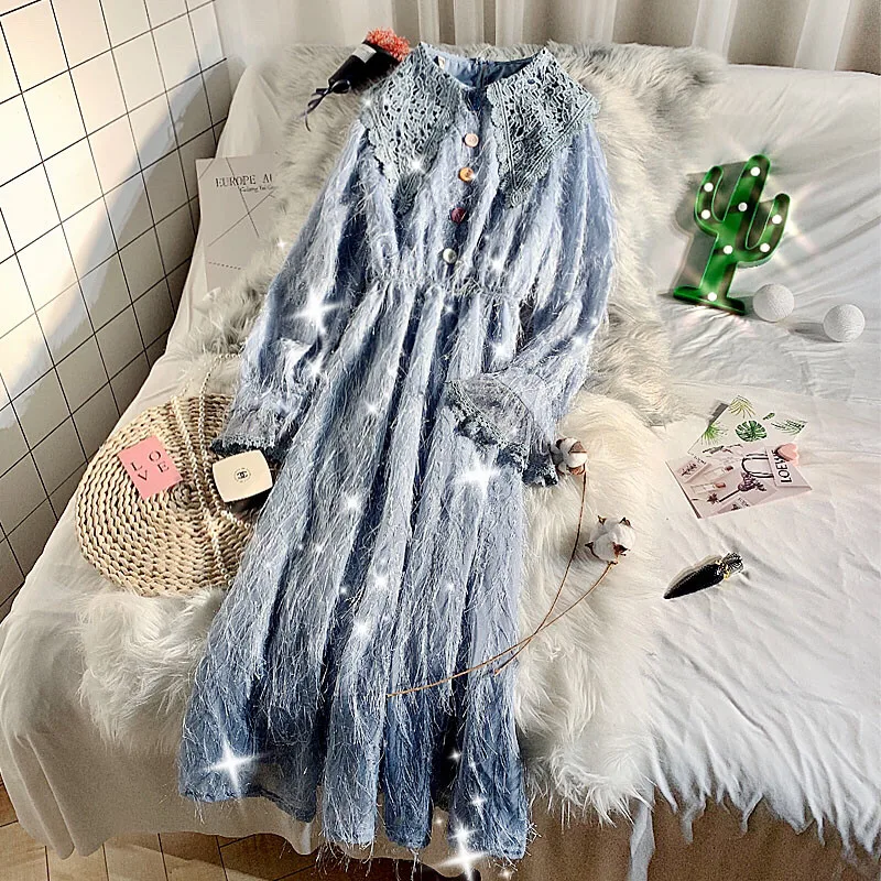 

Fairy Princess Dress for Women New Spring Autumn Fashion Lace O Neck Ultra Long Chiffon Dress Elegant Female Dress Tassel