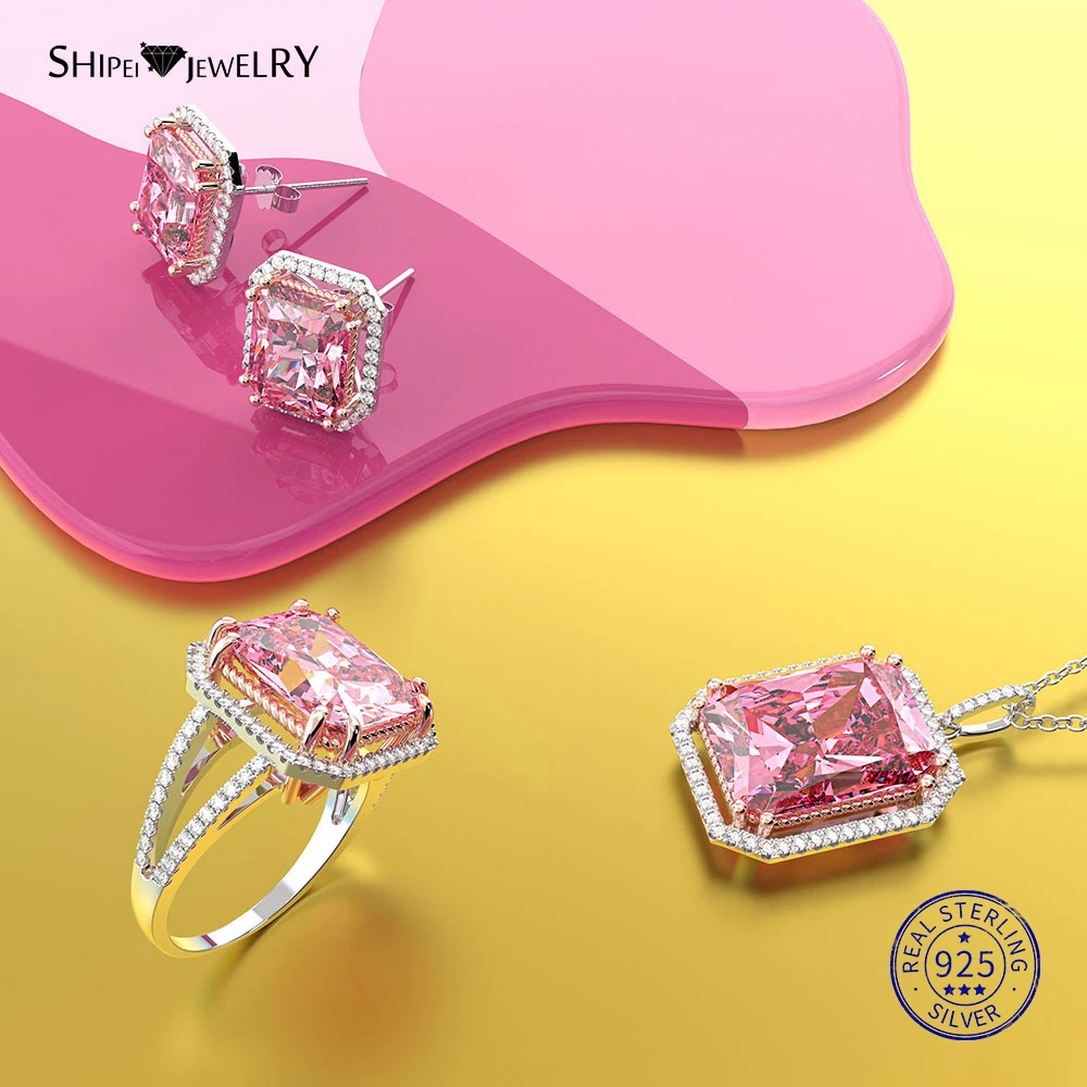 

Shipei 100% 925 Sterling Silver Fine Jewelry Set 7 Color Square Sapphire Pendant Necklace Stud Earrings Ring for Women Birthday
