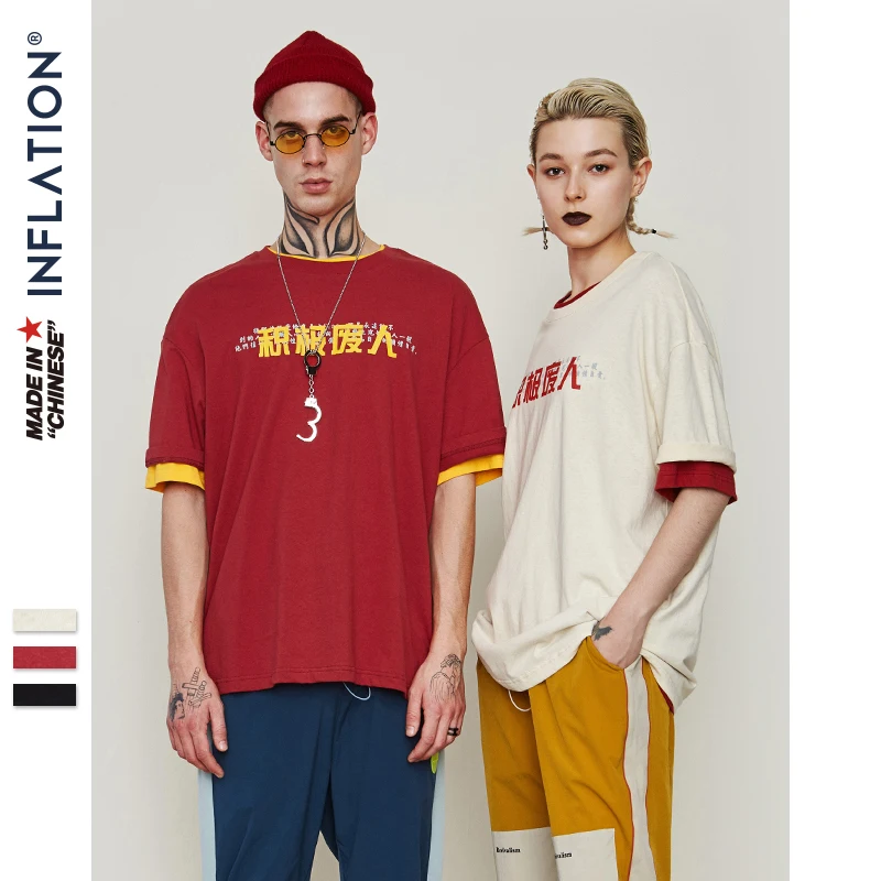 

INFLATION Chinese Zhongwen Print Fan Tee Loose Fit Cotton T-shirt 2019 New Arrival Men Hiphop Fashion Couple Tee Tops Tee 9156S