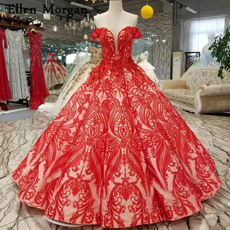 

Red Lace Ball Gowns Wedding Dresses 2019 with Beading 3D Flowers Short Sleeves Off Shoulder Princess Custom Made for Sexy Bridal