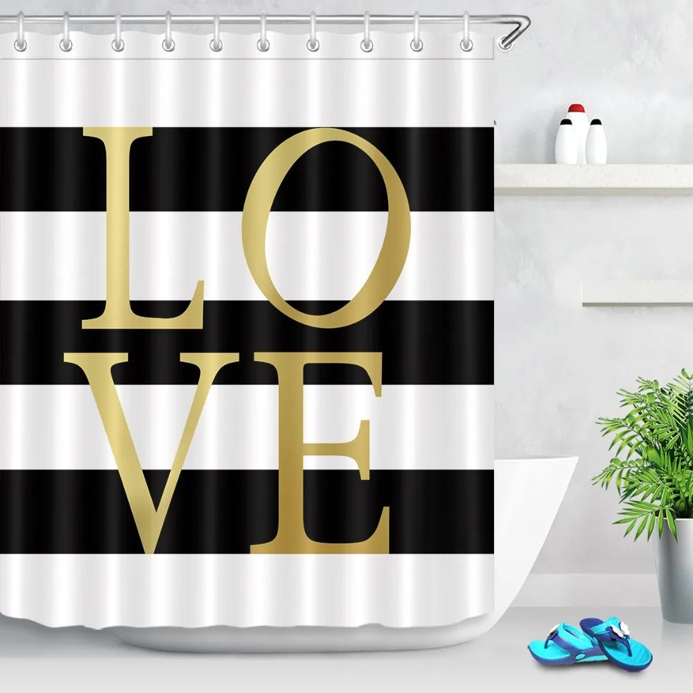 LB 72'' Waterproof Polyester Black and White Stripes Gold Love Shower