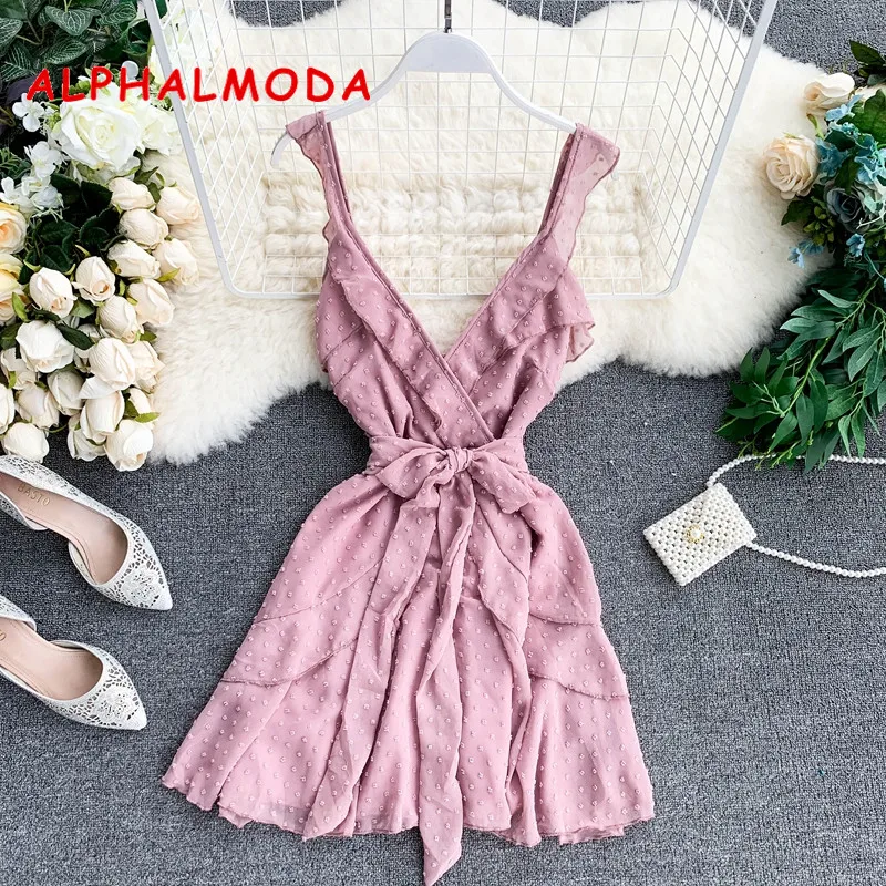 ALPHALMODA شاطىء البحر عطلة اللباس الخامس الرقبة بكرة الغزل عارية الذراعين مثير قصيرة منزعج Vestidos غير النظامية منزعج البسيطة شاطئ اللباس