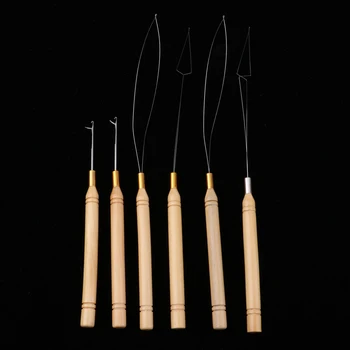 

6Pcs/Set Wooden Hair Extensions Loop Needle Threader Wire Pulling Hook Tool for Beads
