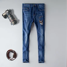 Brand jeans men 2019 straight new Gothic 3d embroidery homme denim trousers blue ripped distressed plus size 29-38 jeans male Brand jeans men 2019 straight new Gothic 3d embroidery homme denim trousers blue ripped distressed plus size 29-38 jeans male
