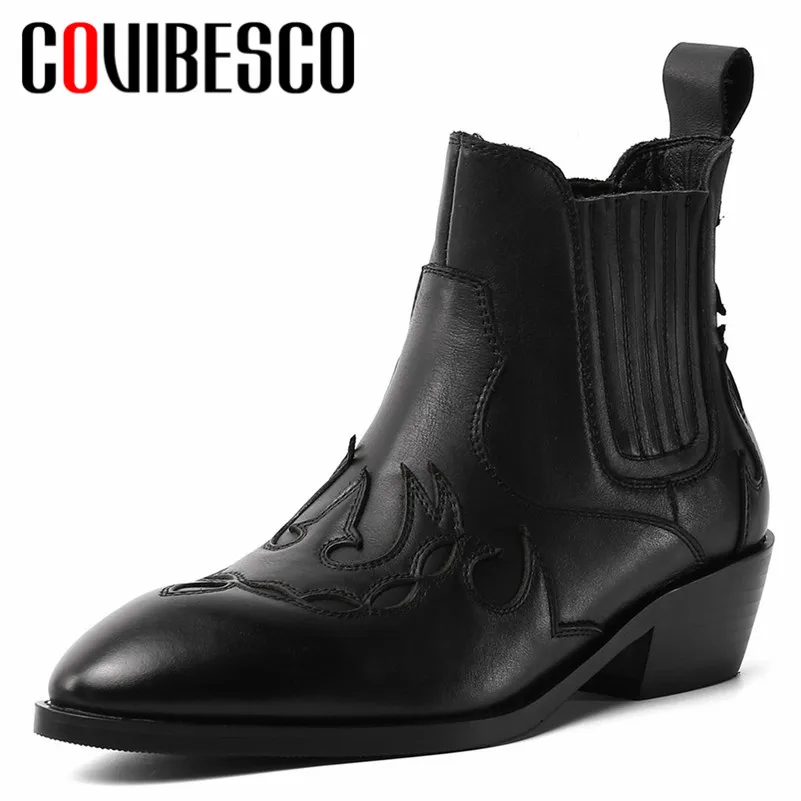 

COVIBESCO Genuine Leather Women Boots Fashion Pointed Toe Office Ladies Basic Shoes Woman Warm Autumn Winte Solid Ankle Boots