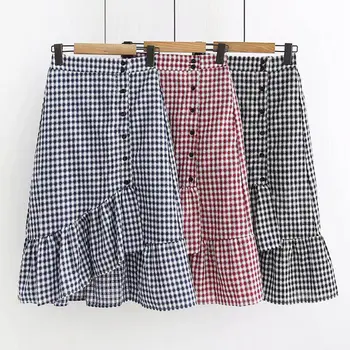 

Plaid high waist slim ruffled Asymmetry skirt Summer New Ladies irregular Skirts Casual Basic Fashion Ruffle Skirt