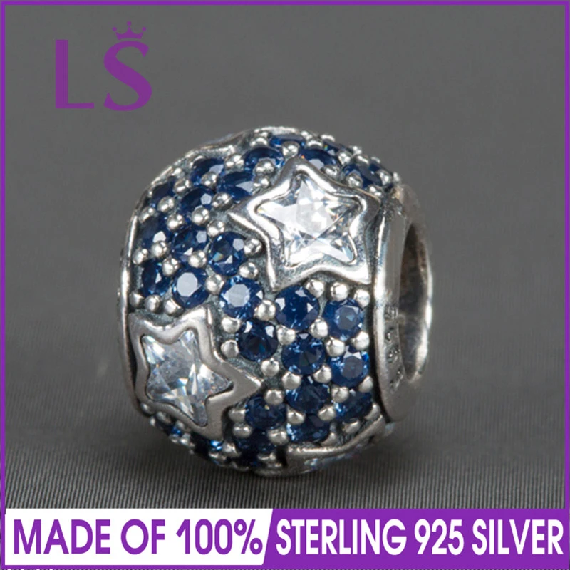 LS High Quality Real 925 Silver Midnight Blue Pave Stars Charms Beads