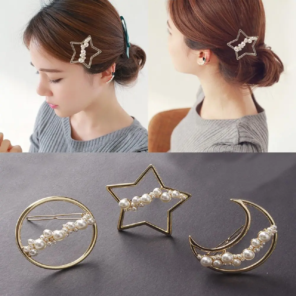 

New Elegant Imitiation Pearl Round Star Moon Shape Hairpins Metal Gold Color Hair Clips Hair Accessories for Women Girls