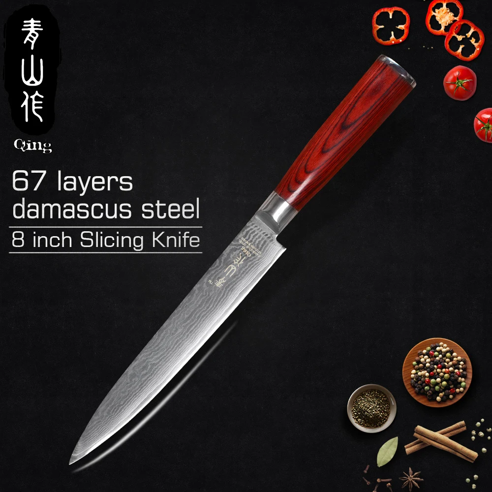 

QING VG10 Damascus Steel Kitchen Knife 8" Slicing Knife Color Wood Handle New Arrival 2019 Kitchen Tools Knife Japanese Slicer