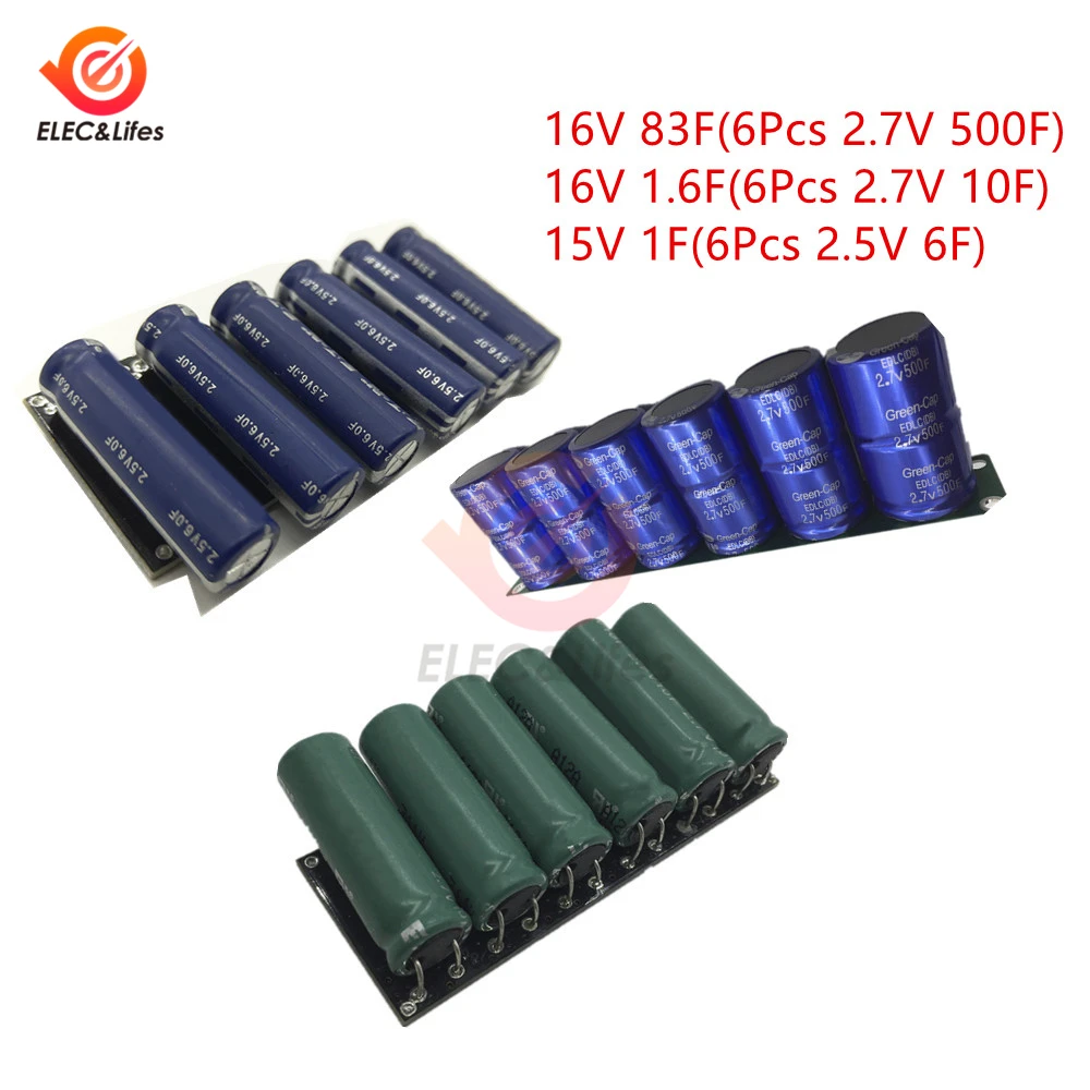 

6Pcs 2.7V 500F 10F Supercapacitor Kit 16V 83F / 16V 1.6F Super Farad Capacitors Automotive rectifier ultracapacitor Protection