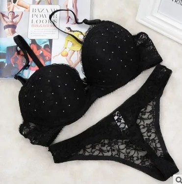 lace bra panty set Sexy Full Lace Floral Drill Underwear 34 36 38 40 ABC Cup Bra Sets Push Up Bra and Thong Set For Women Brassiere Set cheap underwear sets Bra & Brief Sets