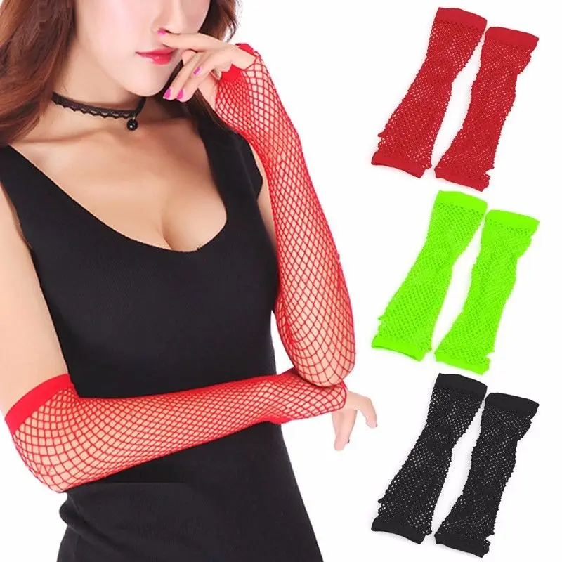 Новые вязаные крючком кружевные панковские готические наряд в стиле диско длинные сетчатые танцевальные перчатки без пальцев черные красные флуоресцентные зеленые