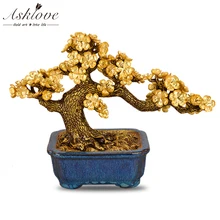 Фэн Шуй цветок сливы Дерево искусственный бонсай Золотая фольга украшения поддельный золотой горшок искусственные растения домашний декор Ремесла подарки